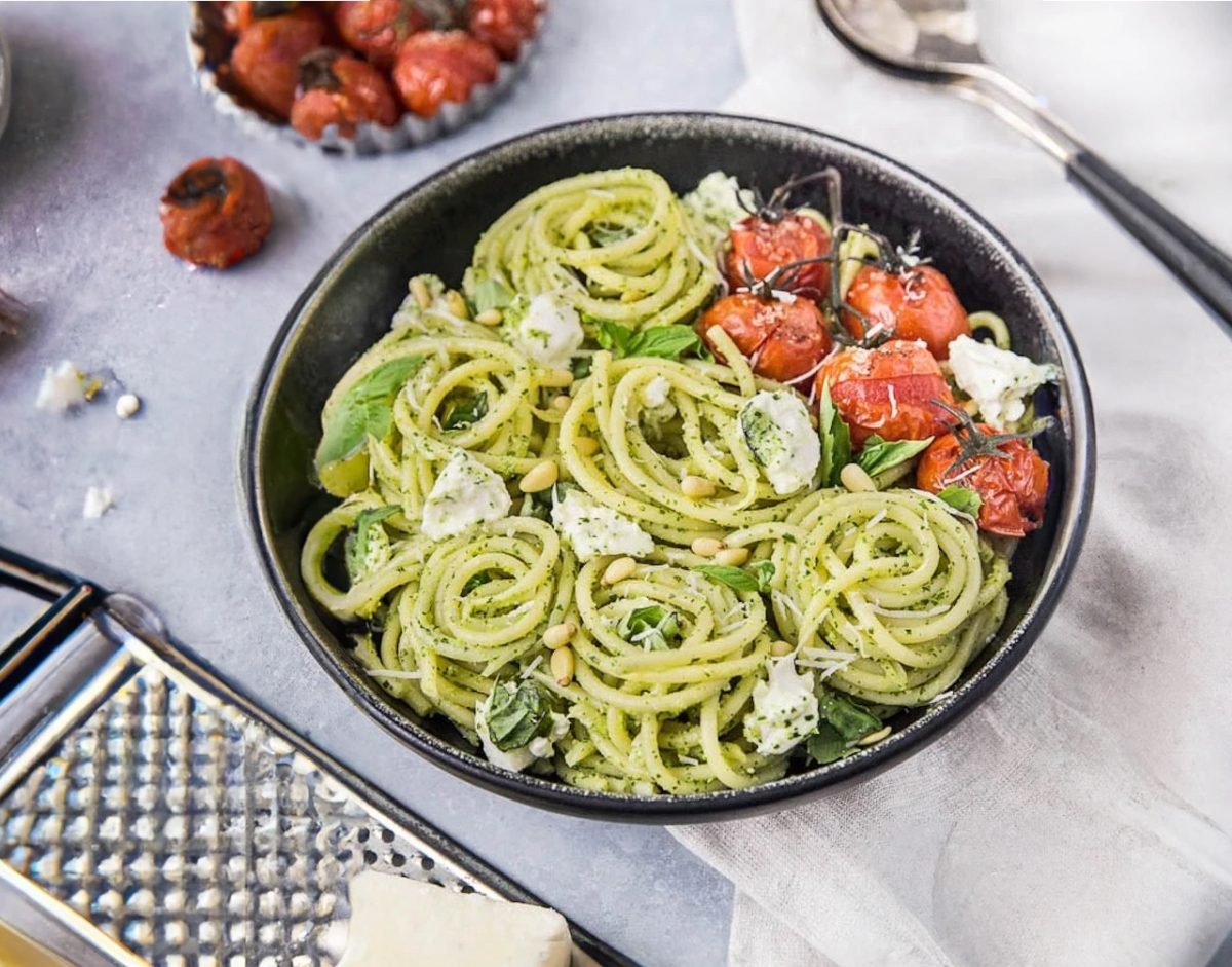 Bucatini Pasta Arugula Pesto and Blistered Tomatoes