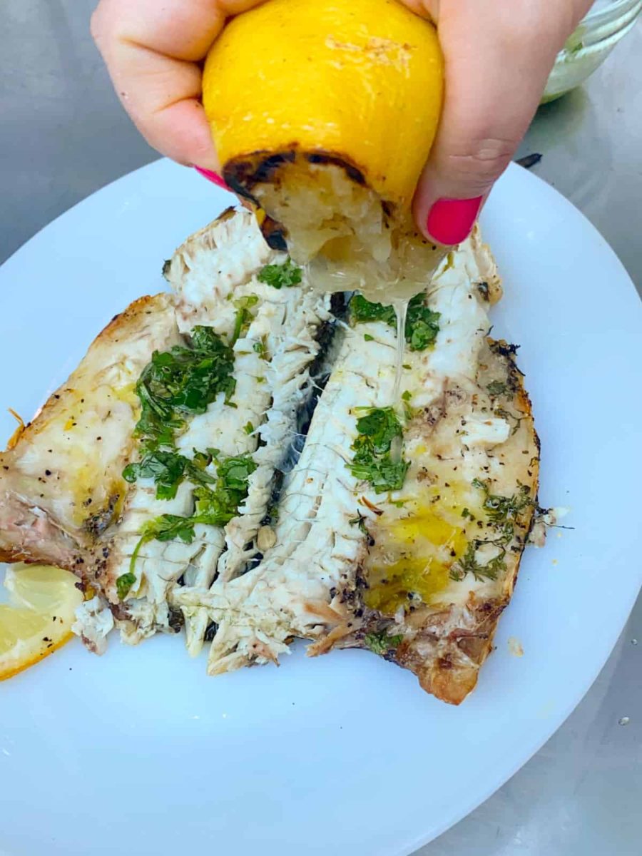 Whole Grilled Branzino with Lemon Olive Oil and Fresh Herbs