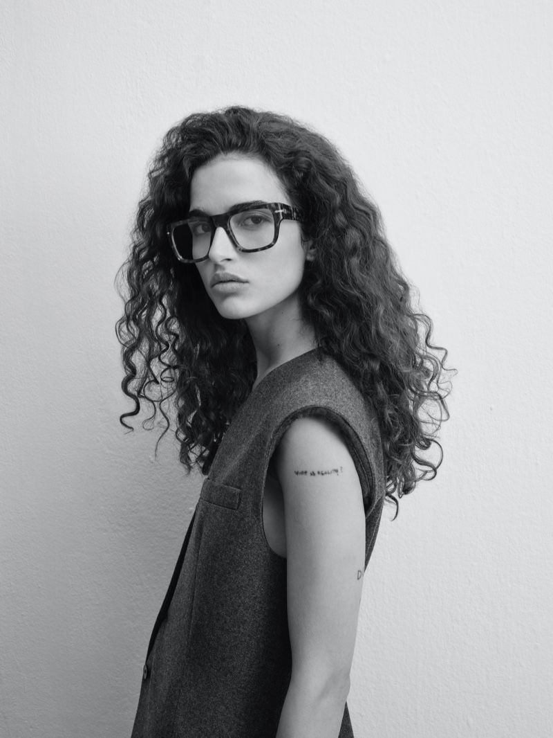 Chiara Scelsi wears square optical frames in Persol N1\'s campaign.